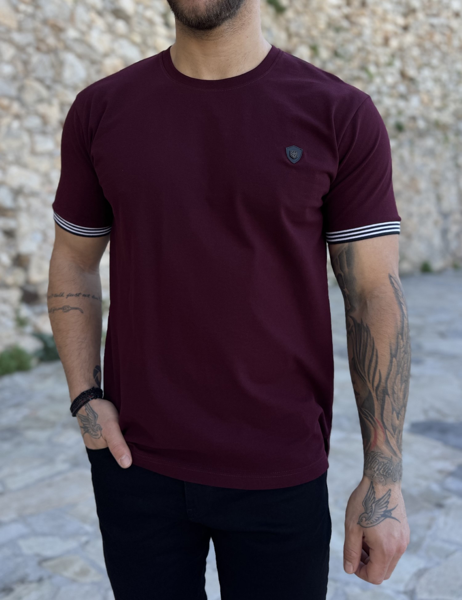 Everbest ανδρική μπορντό κοντομάνικη πικέ μπλούζα με λάστιχο στα μανίκια Plus Size 252827B